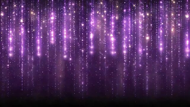 Shimmering purple glitter rain background with vertical sparkling light particles on dark festive backdrop