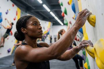 Determined Black woman bouldering at indoor rock climbing gym