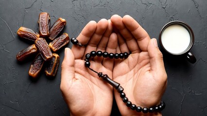 Ramadan Kareem Hands Rosary Dates Milk Dark Background.