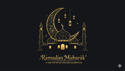 Obraz premium Ramadan Mubarak greeting card with crescent moon and lanterns in golden illustration on black background for Islamic celebration