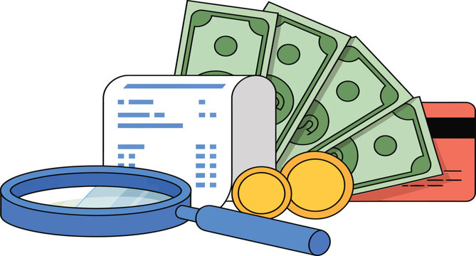Magnifying glass examines receipts, cash, and credit card for financial audit.