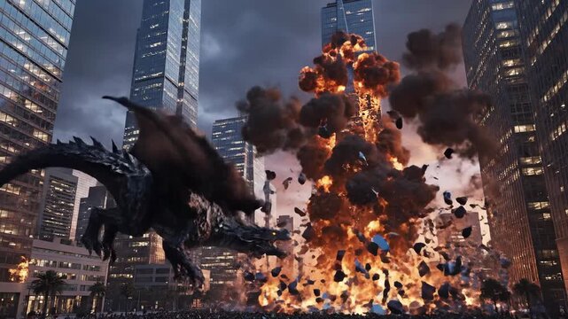 A dark dragon flies over a city as buildings explode near a large crowd of people below, chaos ensues