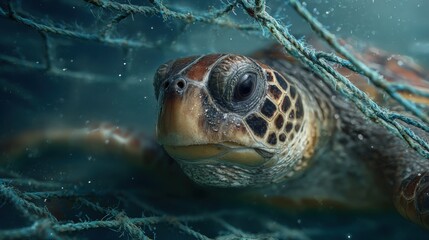 Fototapeta premium Rescued Turtle Struggling in Fishing Net Underwater Scene