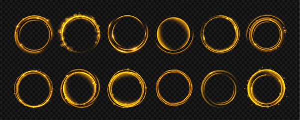 Shimmering gold swirl ring with glowing halo and light dust. Elegant circular frame feels premium. Transparent PNG for luxury visuals. © Vitalii
