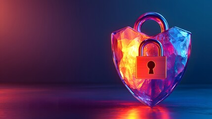 Crystalline shield object features a secured metal padlock in neon illumination against a dark backdrop