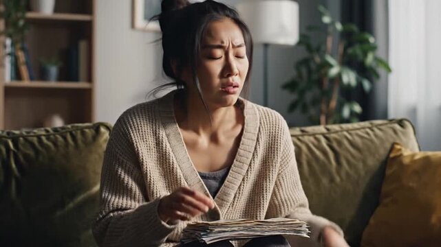 Woman studying on a couch stressed.