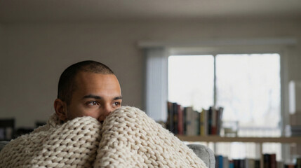 Man looking out window wrapped in thick warm knit blanket