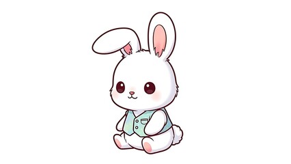 Obraz premium Cute cartoon bunny in a blue vest sitting happily