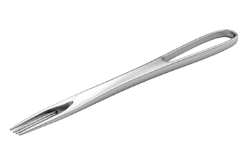 Polished metal tool with a looped handle and multi-pronged end