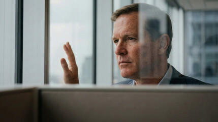 Pensive businessman looking at city skyline from office window