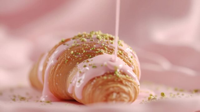 burning candle in the dark, green matcha croissant bread, pink icing, cake