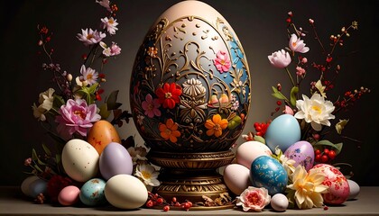 Ornate egg display with smaller decorated eggs and flower arrangement on a dark background in a studio setting