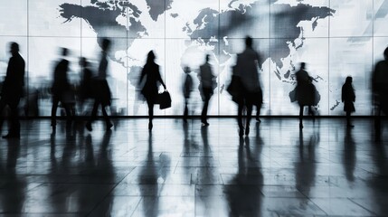 Blurred silhouettes of people walking