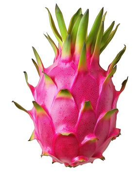 Pink dragon fruit with spiky green bracts isolated against a black background