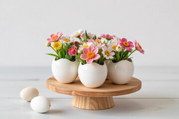 Spring flowers in white eggshells on wooden stand. Minimalist Easter decor.