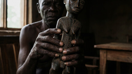 Senior Black man holding traditional African wooden sculpture
