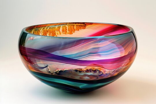 Studio shot of a beautiful murano glass bowl with colorful swirls, showcasing the craftsmanship of italian glassblowing