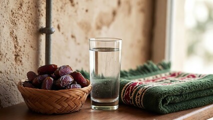 Warm Iftar Still Life Dates Water Prayer Rug Ramadan.