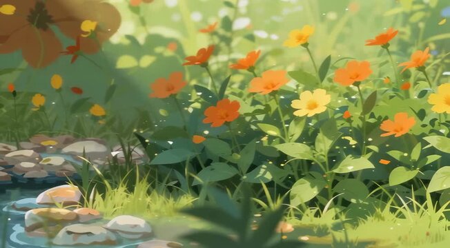 Orange and yellow flowers sway gently in sunlit meadow with soft focus background