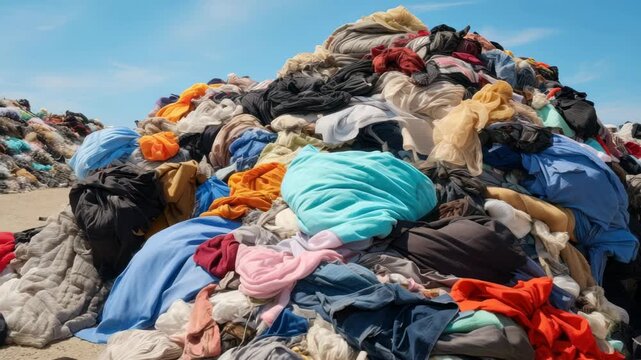 Aerial view of a massive pile of colorful discarded clothes under a clear sky, capturing the concept of waste in a documentary-style video. Live desktop wallpaper.