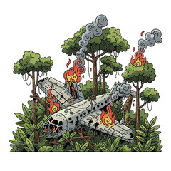 illustration of a plane that crashed and burned in the forest, isolated on a white background.