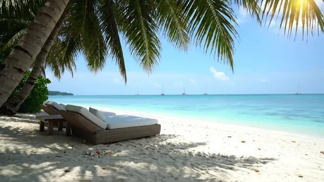 Tranquil tropical beach scene with chaise lounges under palm trees, idyllic ocean view on sunny day