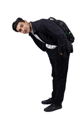 Obraz premium Man in black suit bowing down and smiling