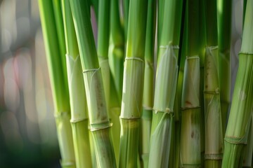 Fototapeta premium Lush green bamboo stalks create a serene and natural backdrop, illuminated by soft sunlight