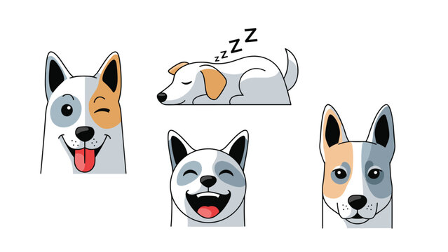 Australian cattle dog emoji sticker set featuring blue heeler pups with winking sleeping and laughing expressions.