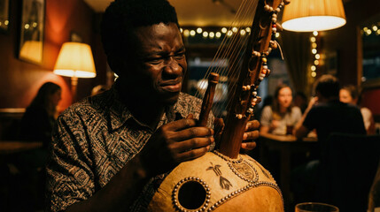 Young Black man playing a traditional Kora in a restaurant