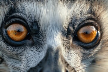 Fototapeta premium Close up of a crowned lemur showing its intense orange eyes, dark fur, and facial details