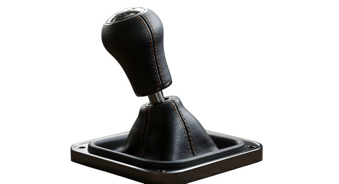 Black textured leather gear shift shows orange stitching on black. Use for parts catalog, promotional materials, automotive blog.