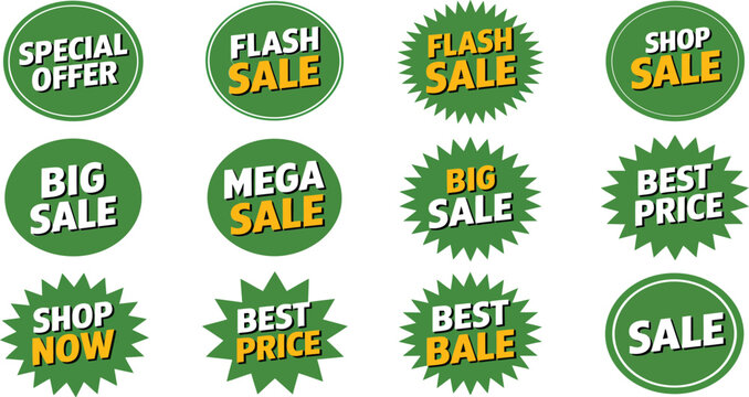 Green and yellow starburst sale badges feature various marketing phrases for retail.