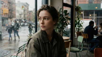 Young woman looking out rainy cafe window in the city