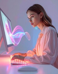 Graphic designer artist working with AI tools, person at computer