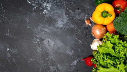 vibrant, colorful arrangement of fresh vegetables on a dark, textured background