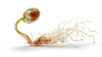 A seedling with a green stem and white roots growing on a white background.
