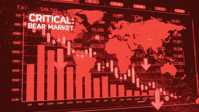High-energy red stock market display with fluctuating declining numbers, flashing alerts, bearish financial data visualization, recession and collapse theme, modern motion graphics