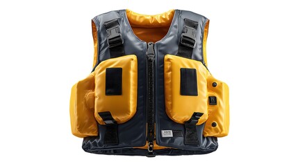 A high-quality life jacket with yellow and gray colors, isolated on a white background.