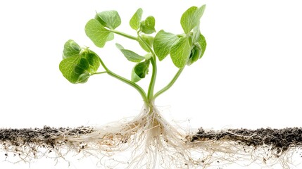 A small green plant with visible roots growing in soil against a white background.