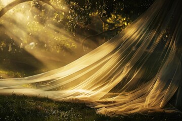 Fototapeta premium Golden sunlight filters through trees, illuminating a sheer fabric draped in a magical forest setting, creating a dreamy atmosphere