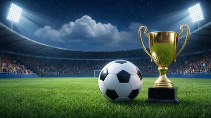 soccer ball and trophy on field in stadium with spotlights at night
