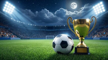 soccer ball and trophy on field in stadium with spotlights at night