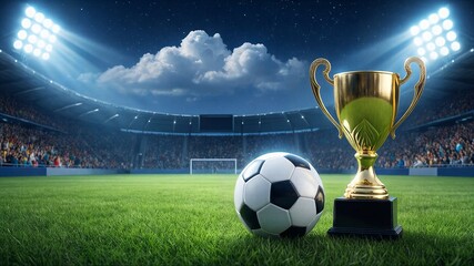soccer ball and trophy on field in stadium with spotlights at night