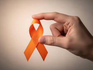 Hand holding orange awareness ribbon for cancer support symbol