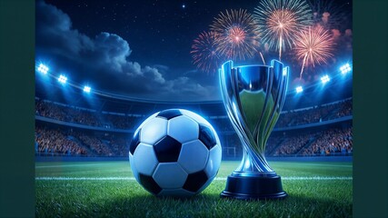 soccer ball and trophy on field in stadium with spotlights at night