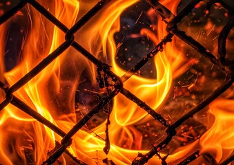 炎と金網の抽象背景。危険・制限・強烈なエネルギー