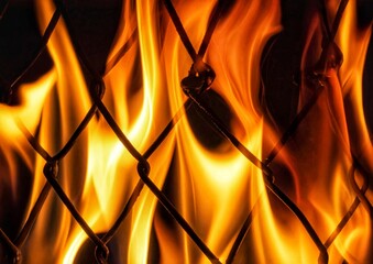 炎と金網の抽象背景。危険・制限・強烈なエネルギー