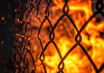 炎と金網の抽象背景。危険・制限・強烈なエネルギー