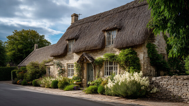 A charming English cottage with a thatched roof and lush garden on a quiet village street